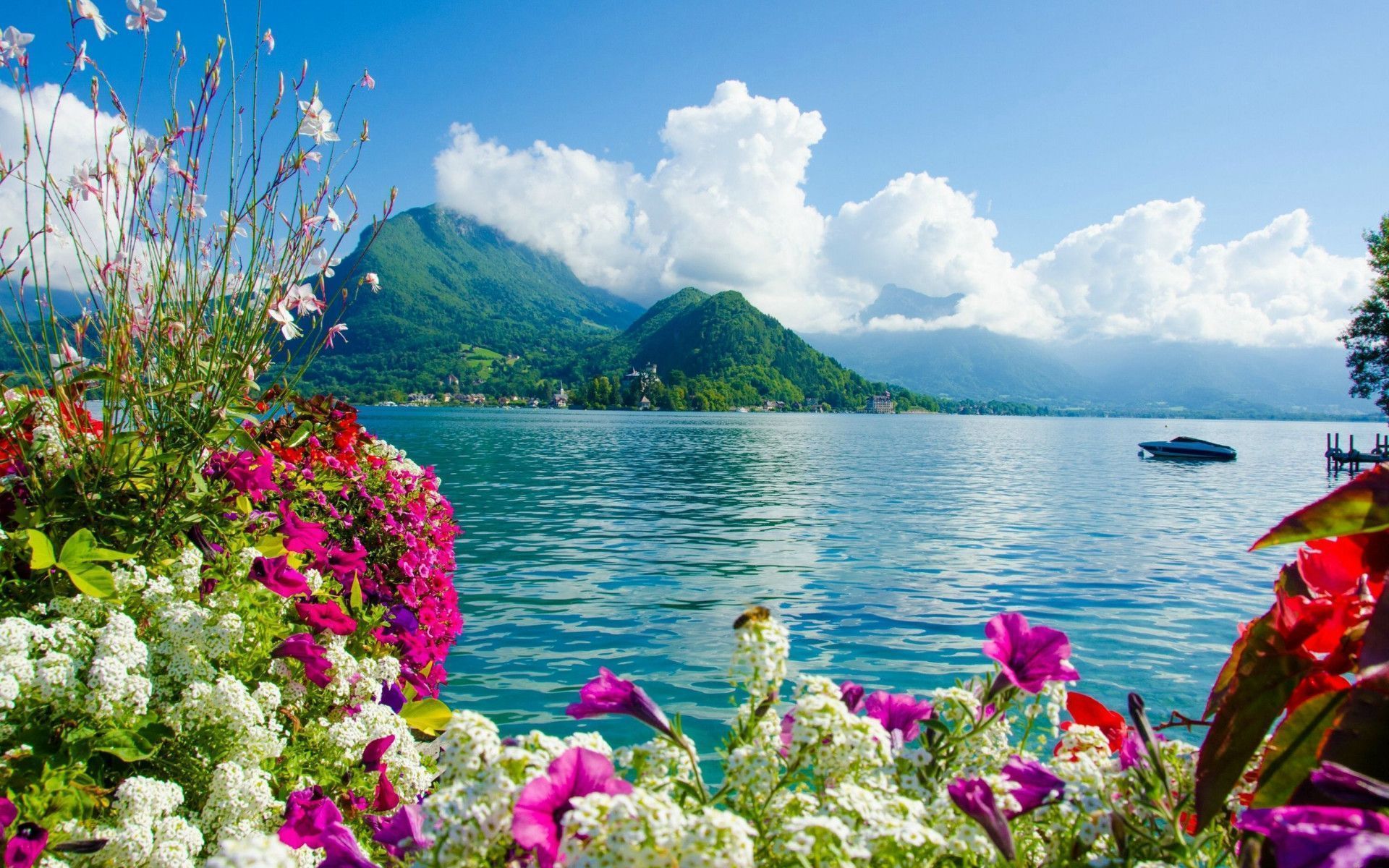 A boat on a lake surrounded by mountains and flowers - Nature, beautiful, 1920x1200