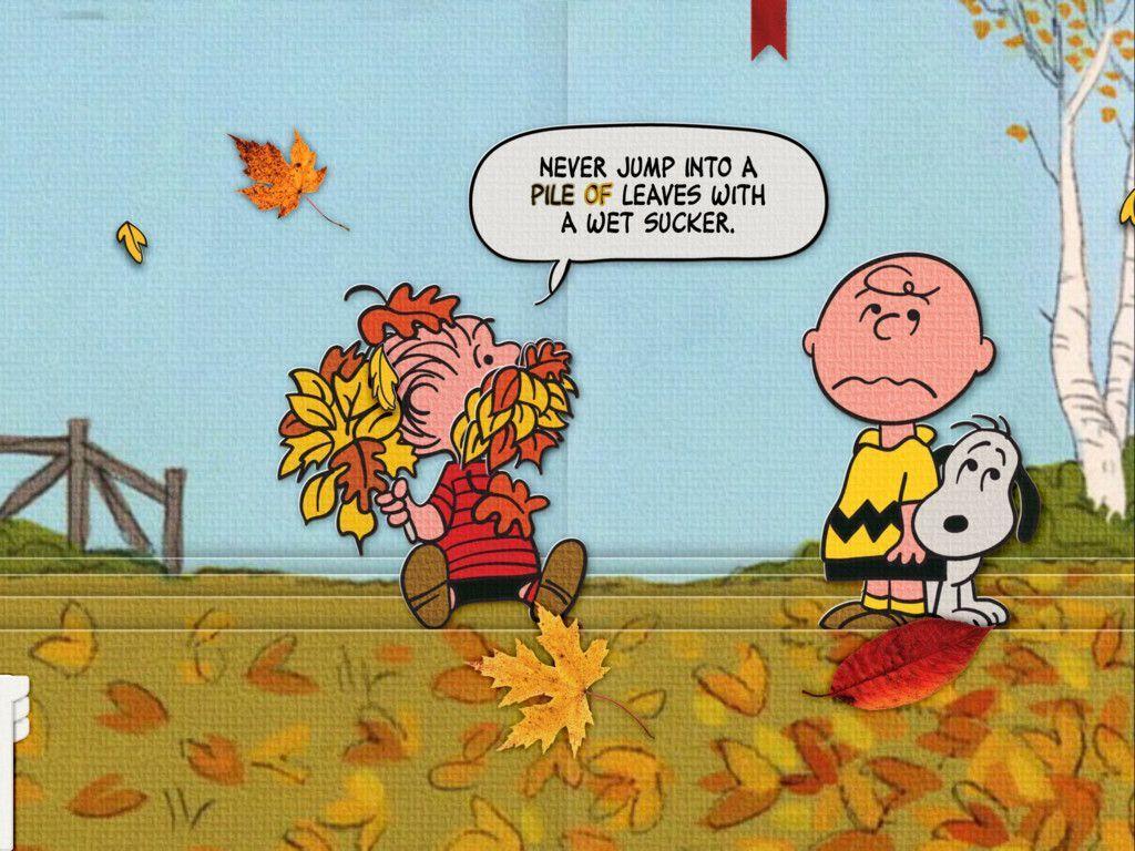 Peanuts characters Charlie Brown and Lucy are shown in a fall scene with leaves falling from the sky. - Charlie Brown