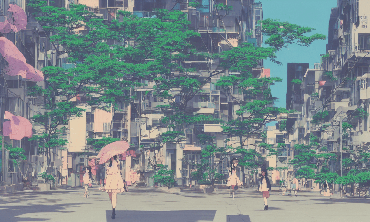 prompthunt: A cute aesthetic still frame from an 80's or 90's anime, minimal street in Japan with lush plants, sun set, tall buildings, girl walking with umbrella