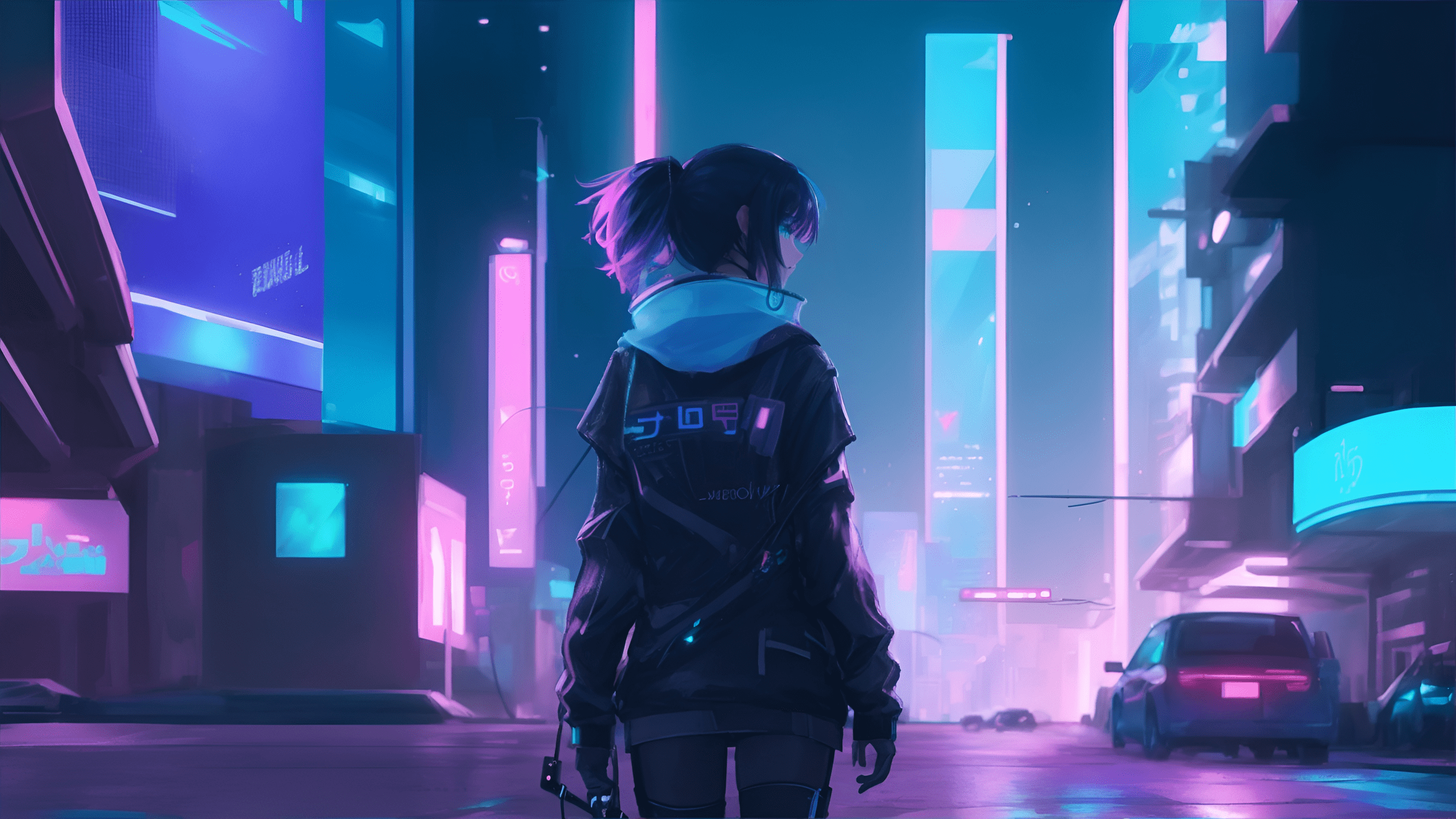 A cyberpunk girl standing in a neon-lit city at night - Anime city