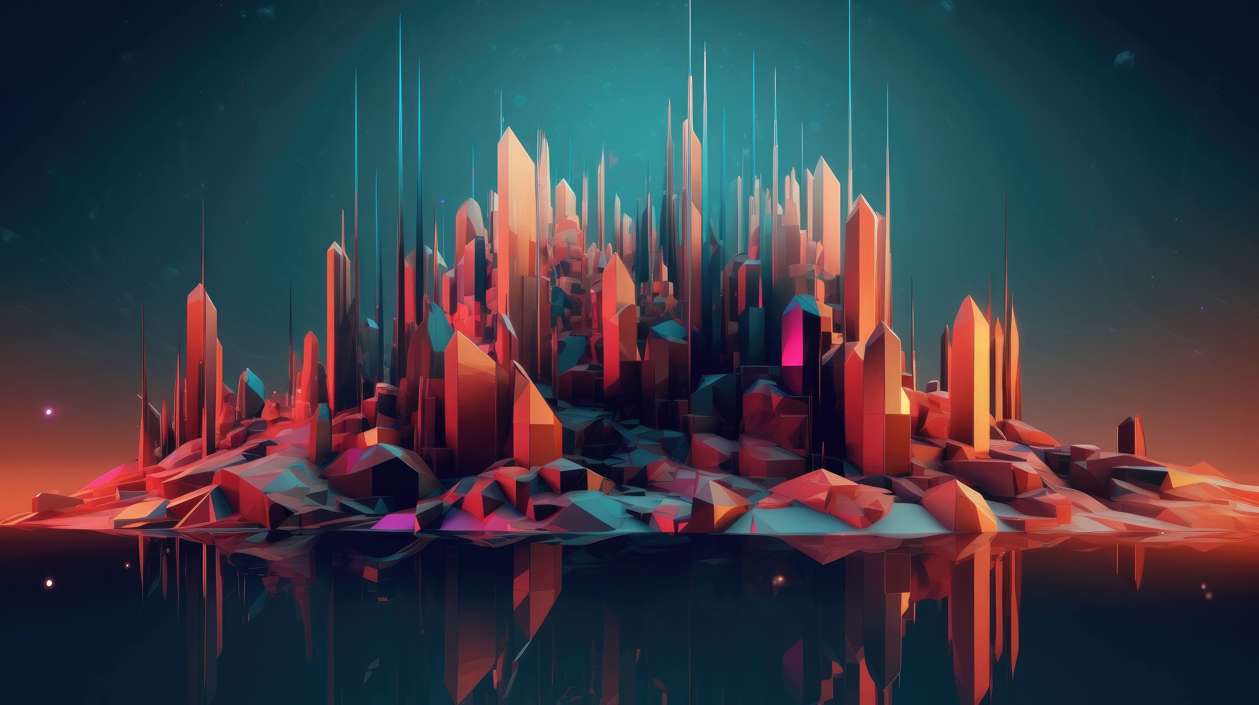This 3D abstract scene showcases a composition of geometric shapes and digital glitches, ideal for a futuristic and glitchy wallpaper