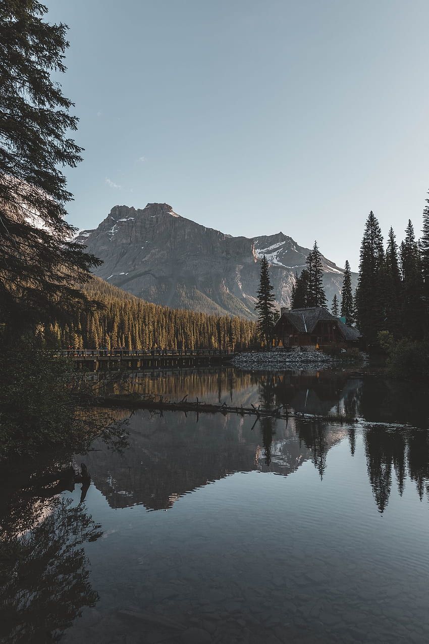 A mountain is reflected in a lake surrounded by trees. - Lake