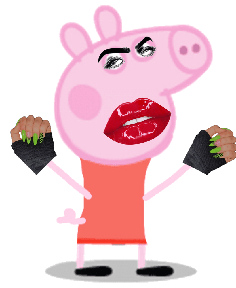 <ref> pepa pig</ref><box>(223,19),(904,567)</box> in<ref> a pink shirt</ref><box>(326,510),(689,856)</box> - Peppa Pig