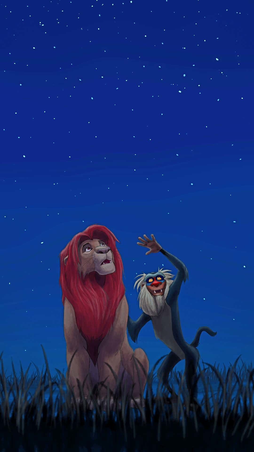 The lion and hyena are standing in a field underneath stars - The Lion King, lion