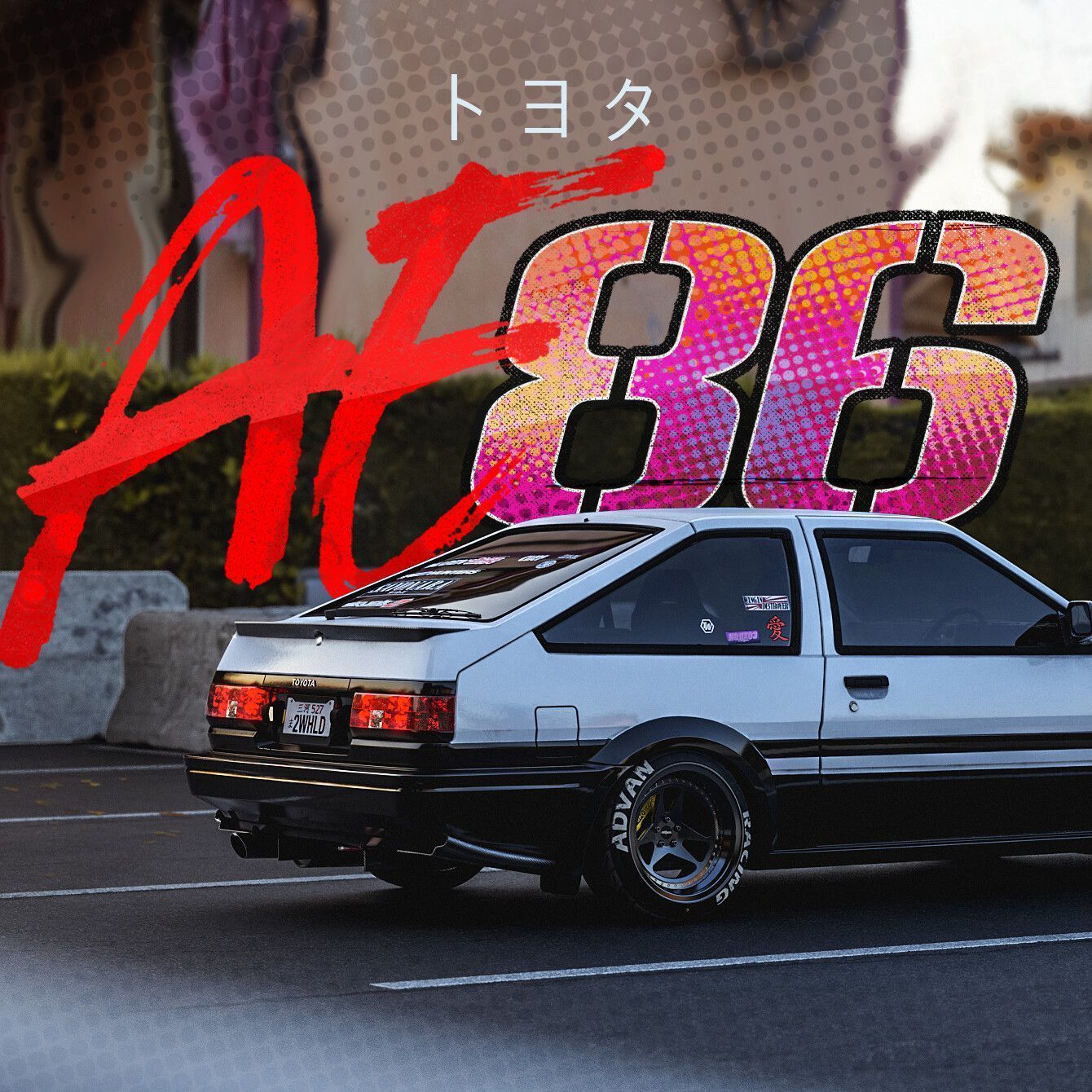 A black and white AE86 car with a graffiti background - Toyota AE86