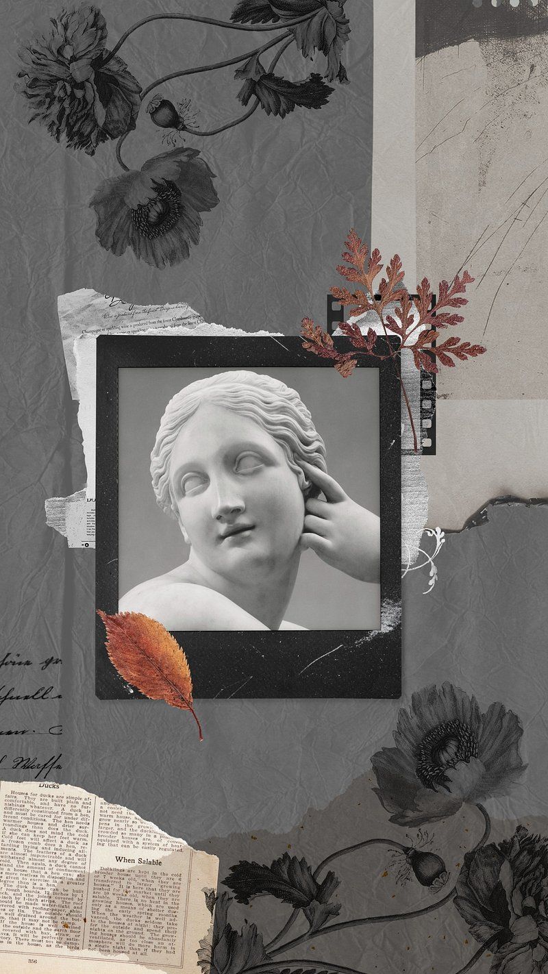 A collage of a sculpture, flowers, and leaves. - Statue
