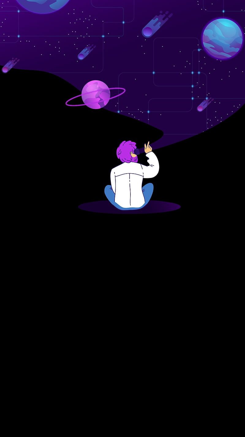 An illustration of a person sitting on the ground, looking up at the stars and planets - Technology