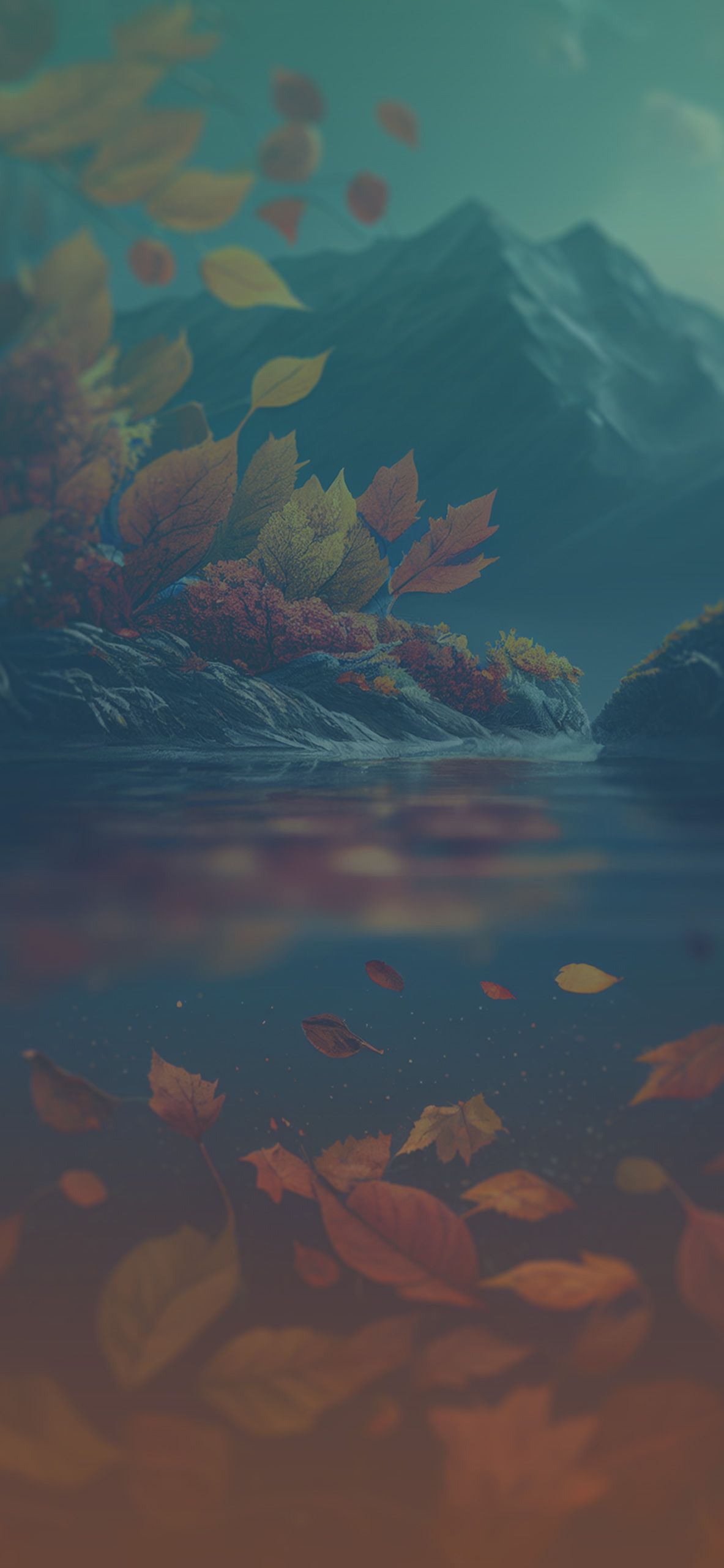 A beautiful wallpaper of a mountain lake with leaves floating on the surface - Lake