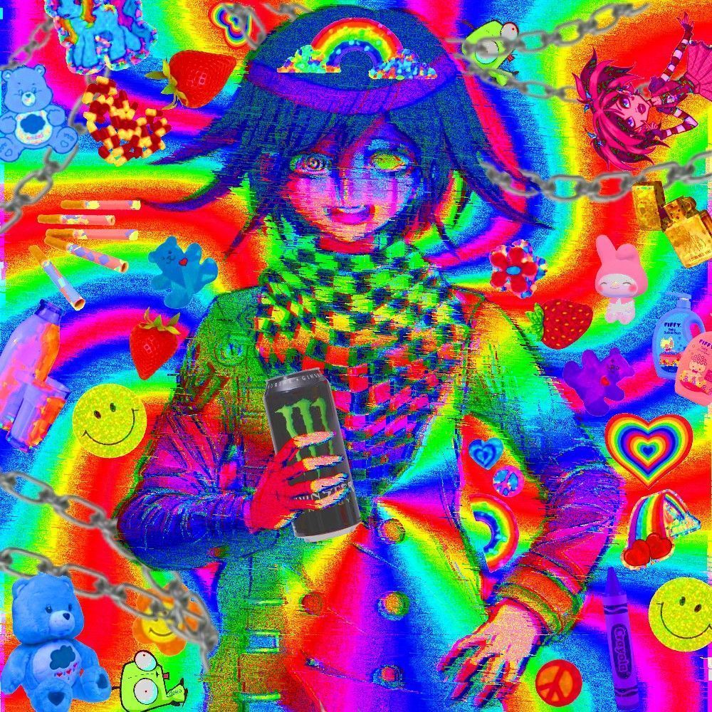 A digital art piece of a person holding a phone, with a rainbow background and cartoon objects such as a heart and a peace sign. - Glitchcore