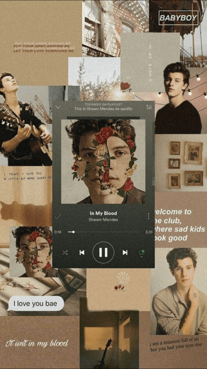 Collage of Shawn Mendes images with a Spotify player in the middle - Shawn Mendes