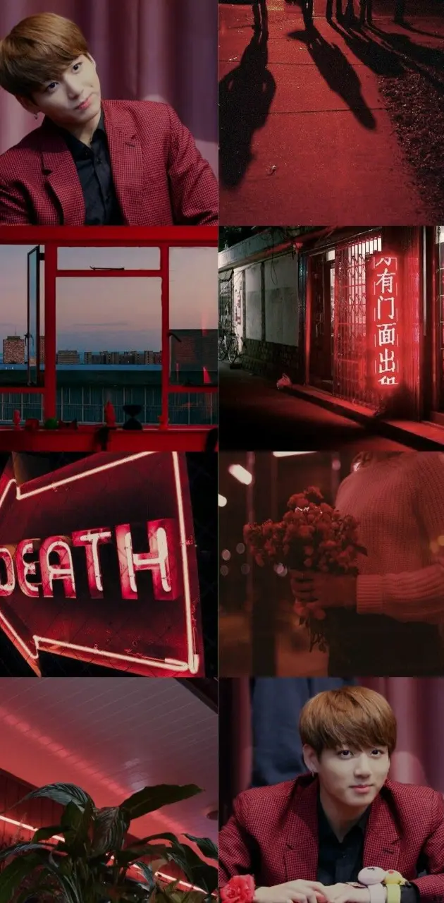 Aesthetic Jungkook wallpaper with red neon lights and plants.  - Jungkook