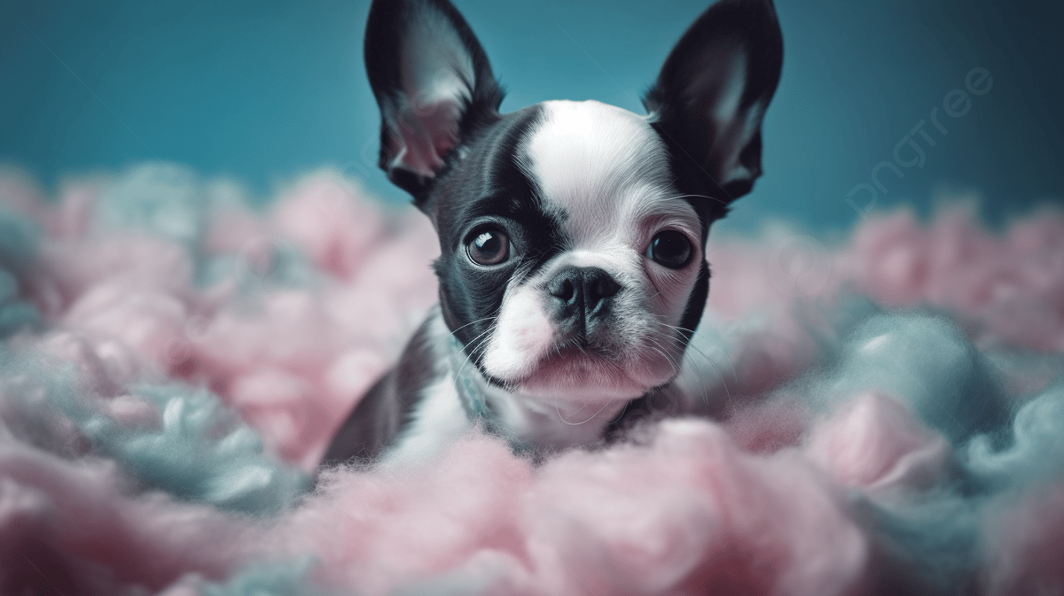 A cute Boston Terrier puppy sitting in a pile of pink and blue cotton candy. - Puppy