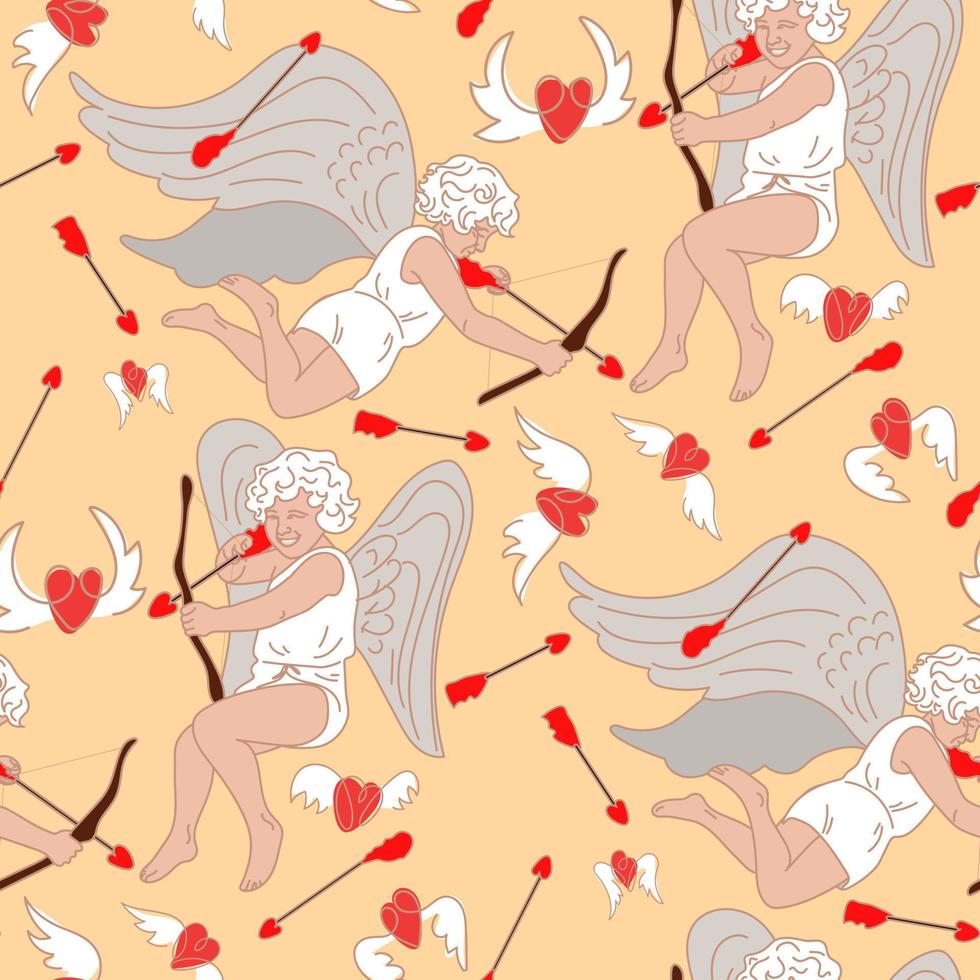 A pattern of cupids shooting at hearts and looking for a soul mate. Hunting for flying