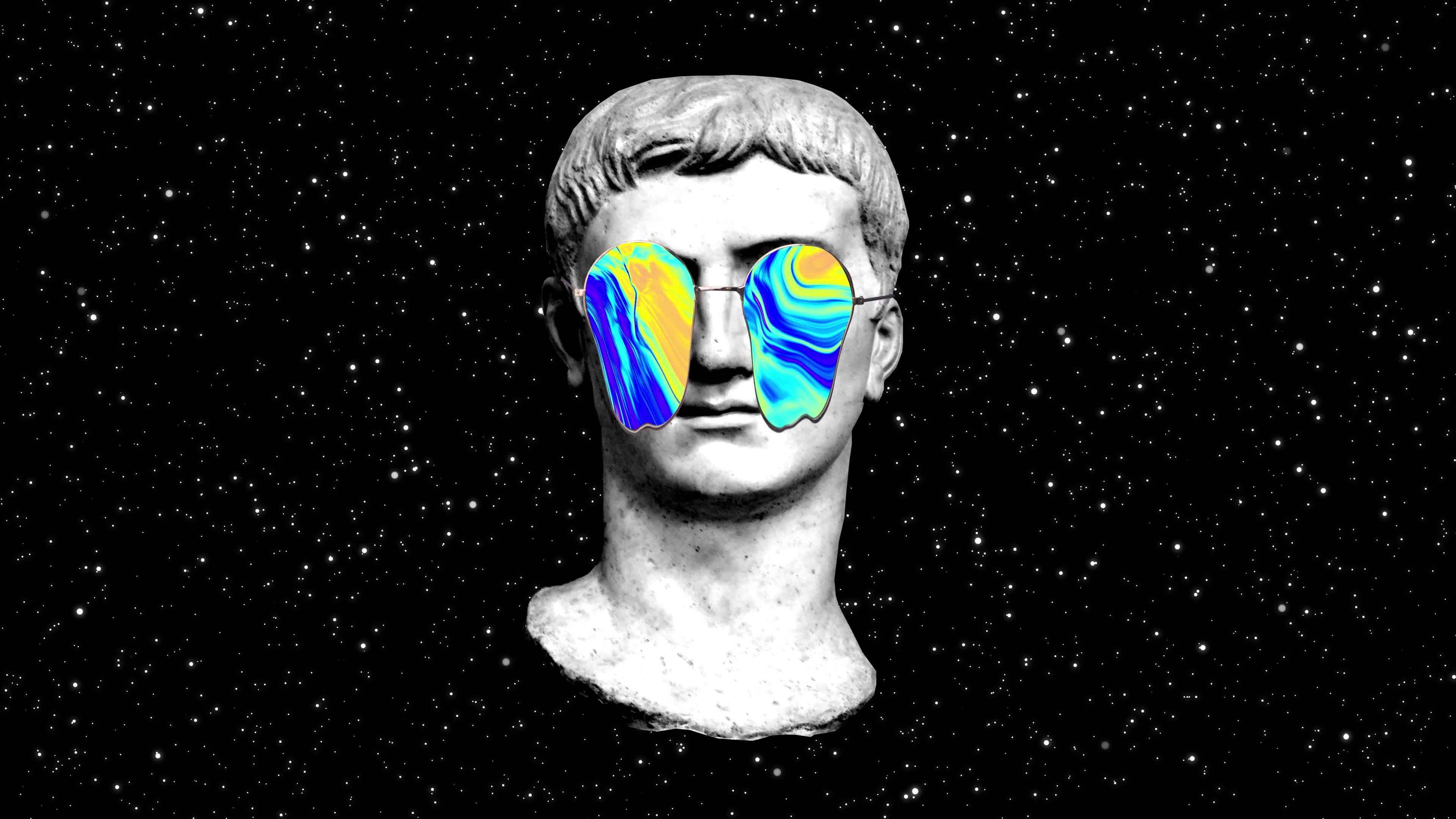 Trippy and Psychedelic Head of an ancient Roman or Greek Stone Statue Sculpture. Trendy modern colorful animation. 4k starry black background. Abstract, minimal, vaporwave surrealist concept