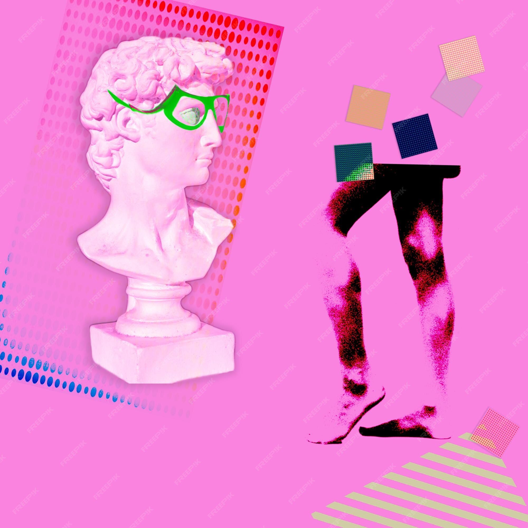 Premium Photo. Contemporary art collage statue gypsum statue of bust man in sunglasses looking at woman legs