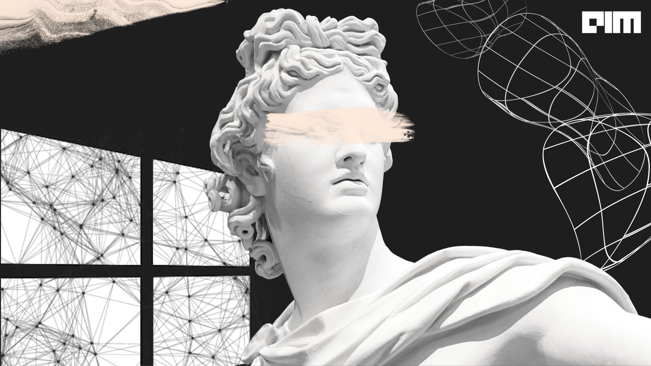 A collage of a statue of Apollo with a pink bar over the eyes - Statue