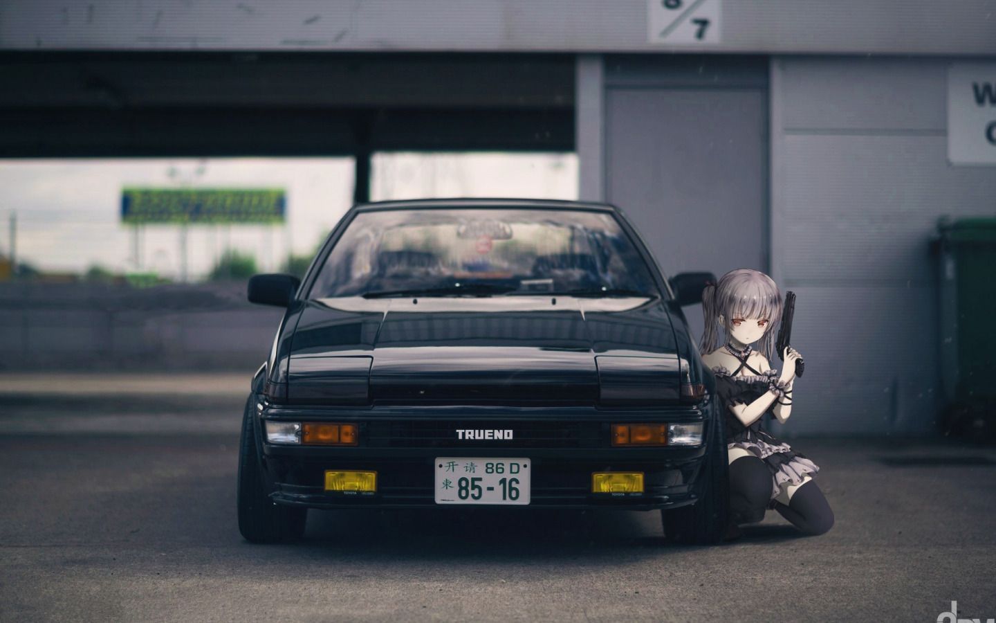 Anime girl with a gun and a car - Toyota AE86