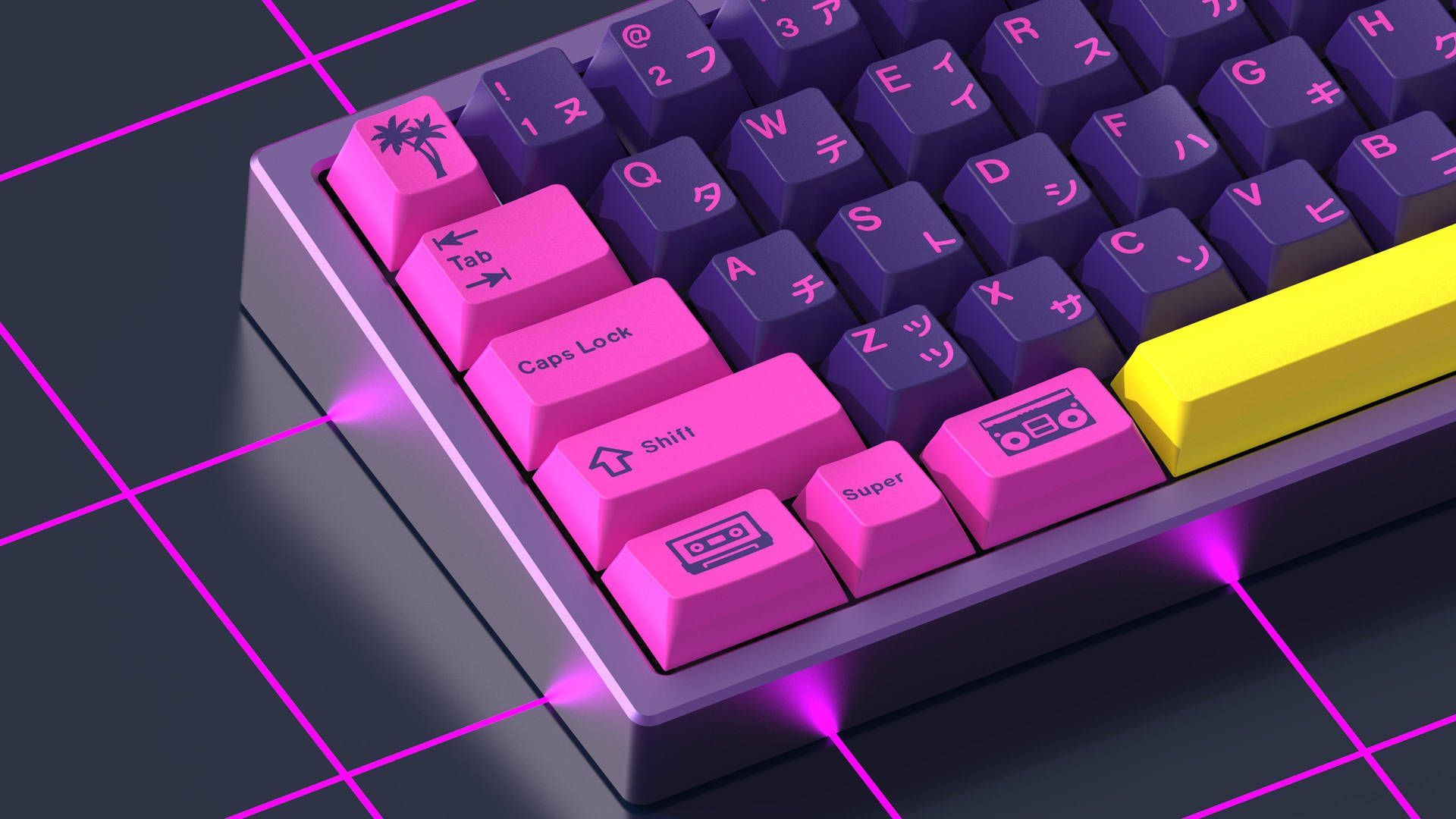 A close up of a keyboard with pink and yellow keys. - Computer, technology