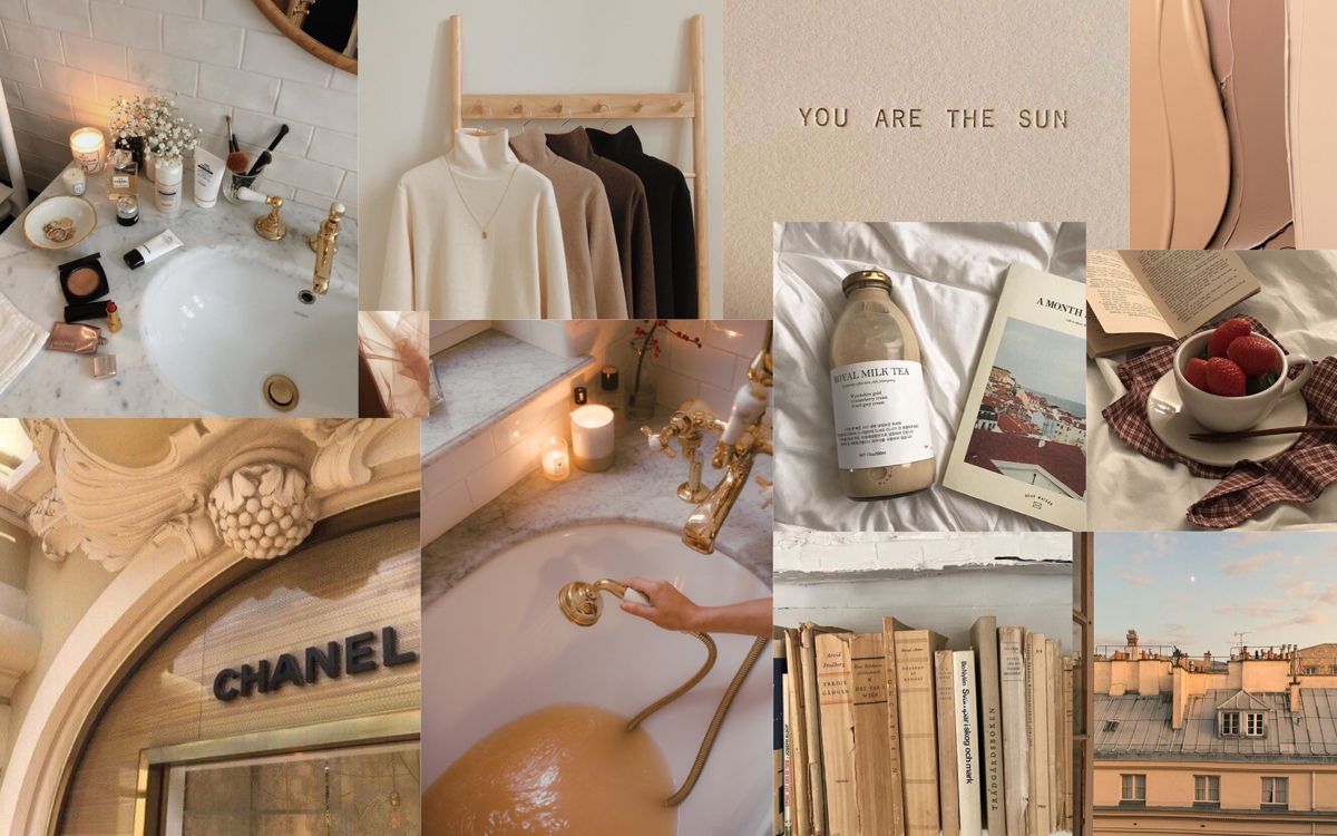 A collage of images including a bath, books, a bottle of soap, and a cup of fruit. - Neutral