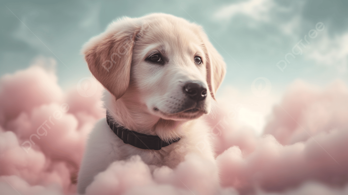 A cute little lab puppy sitting in a pile of pink cotton candy - Puppy