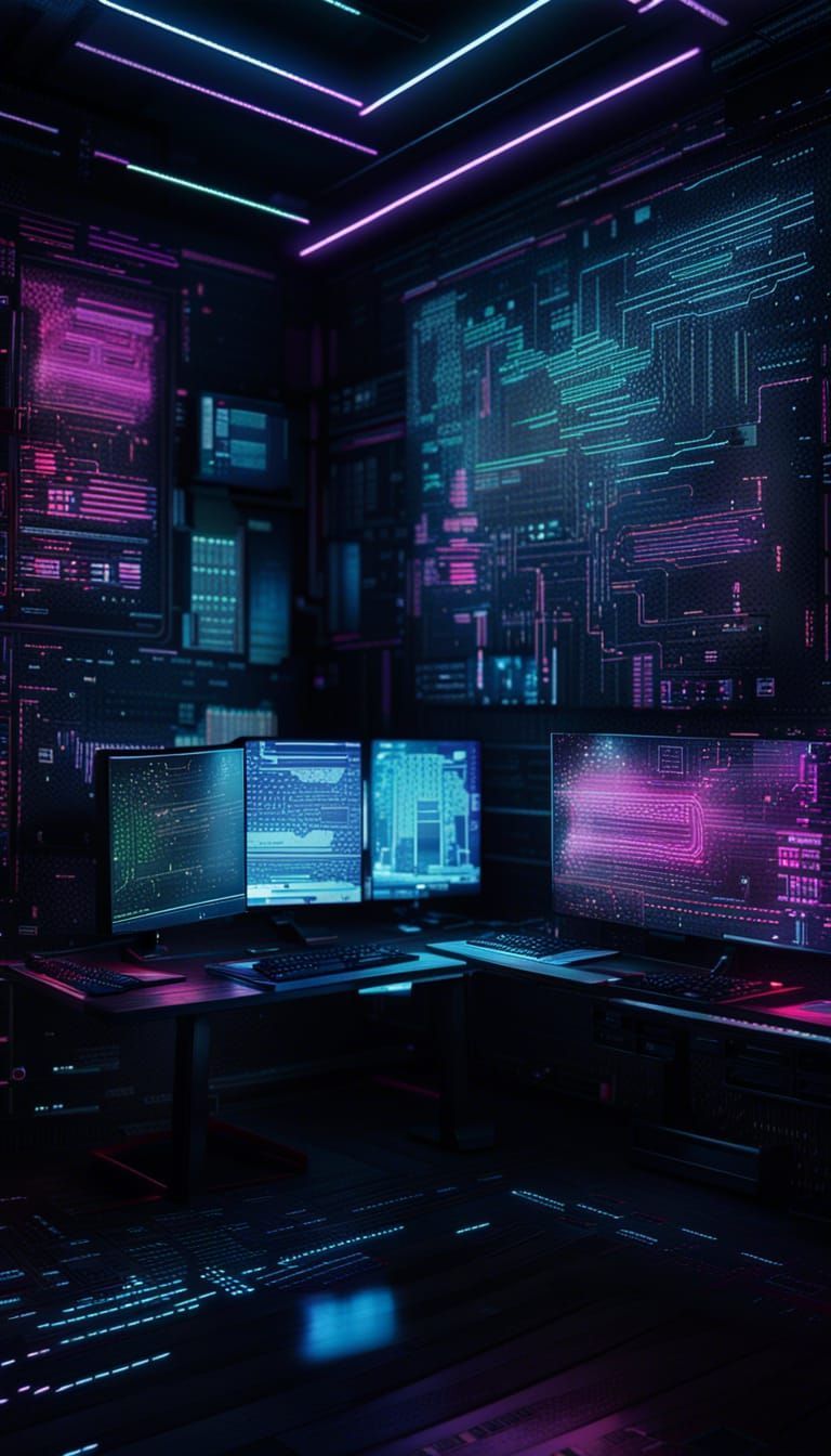 A dark room with three computer screens - Technology