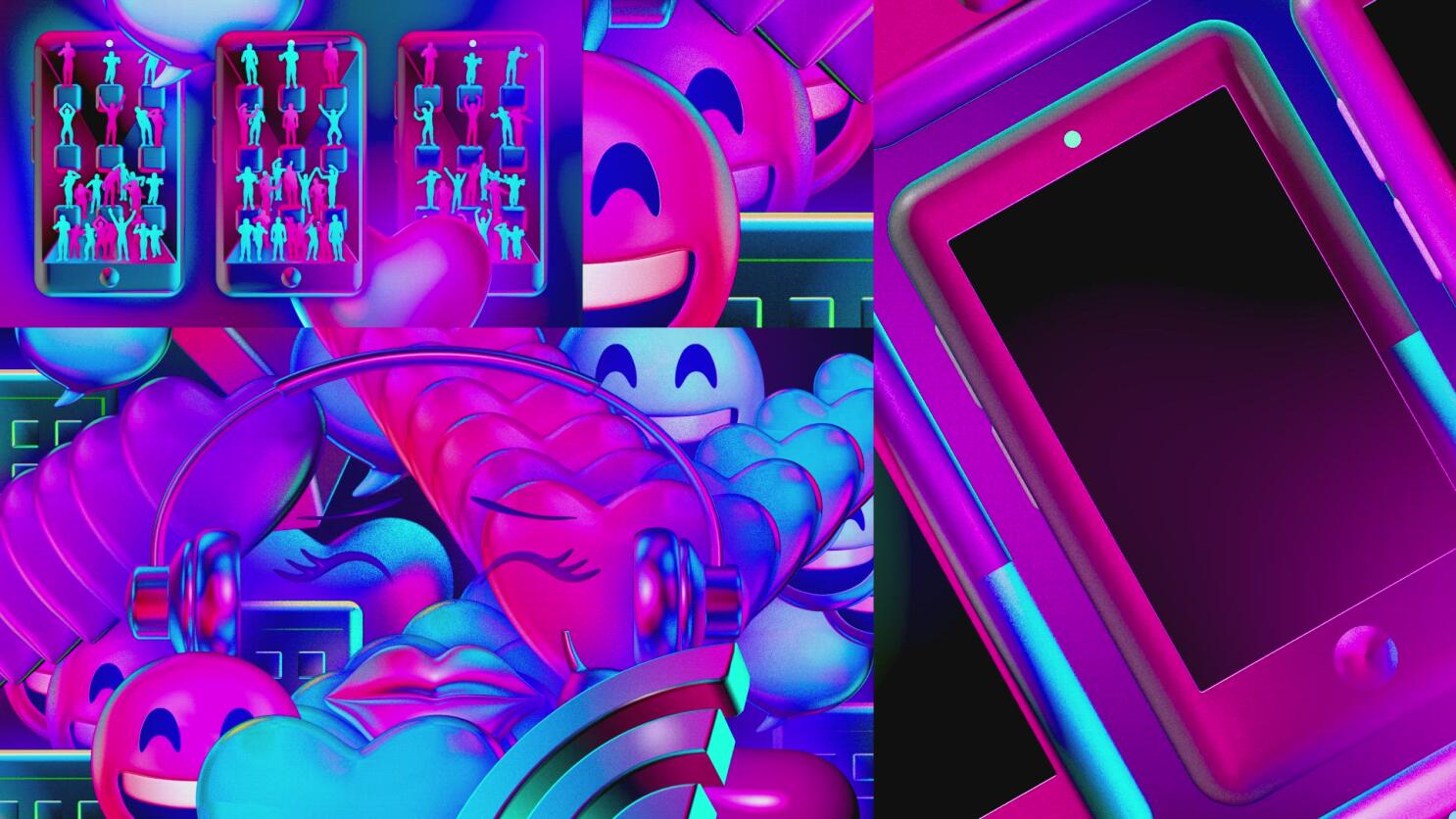 A collage of pink and blue neon images including a Nintendo Switch, a Gameboy, and emojis. - Technology