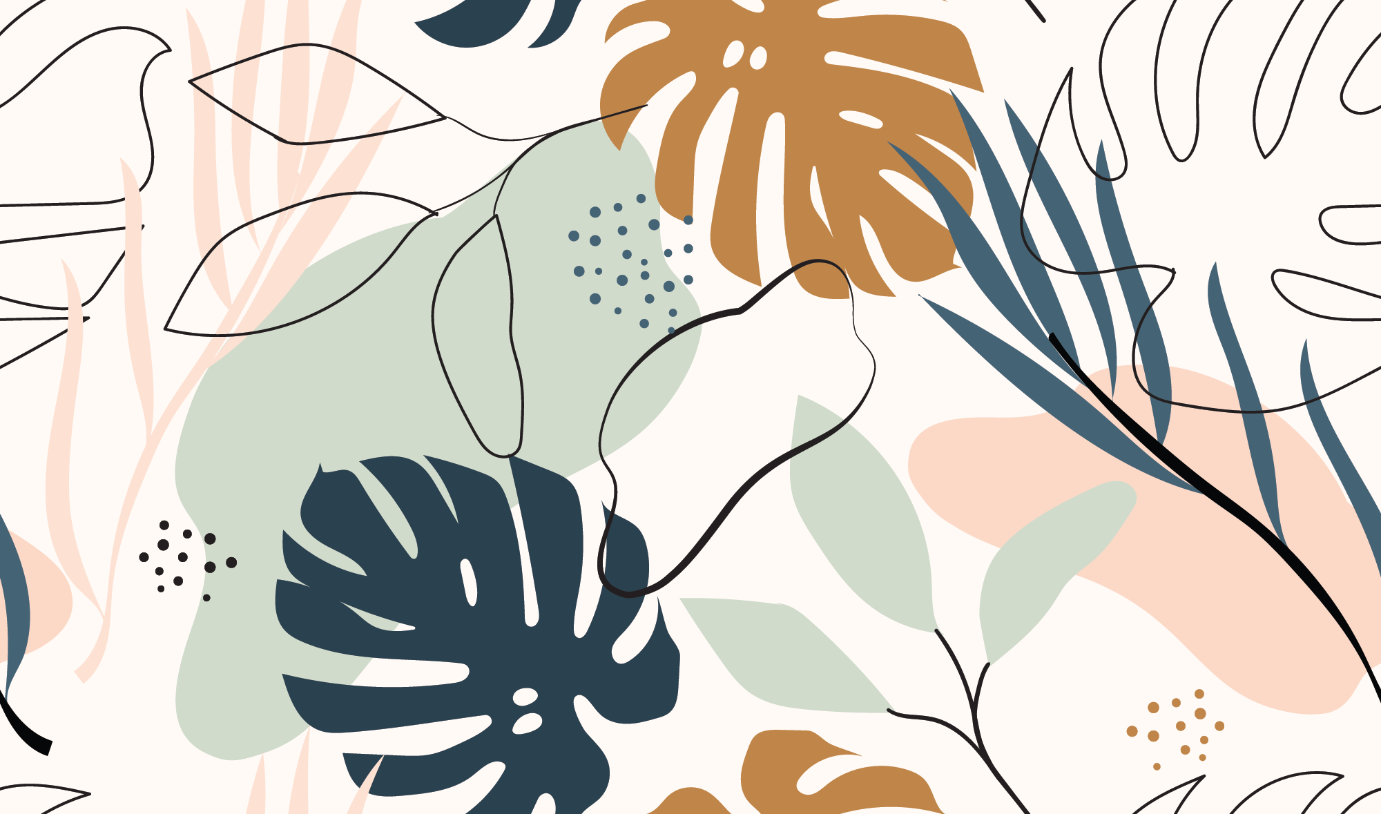 A colorful wallpaper with abstract shapes and leaves - Neutral