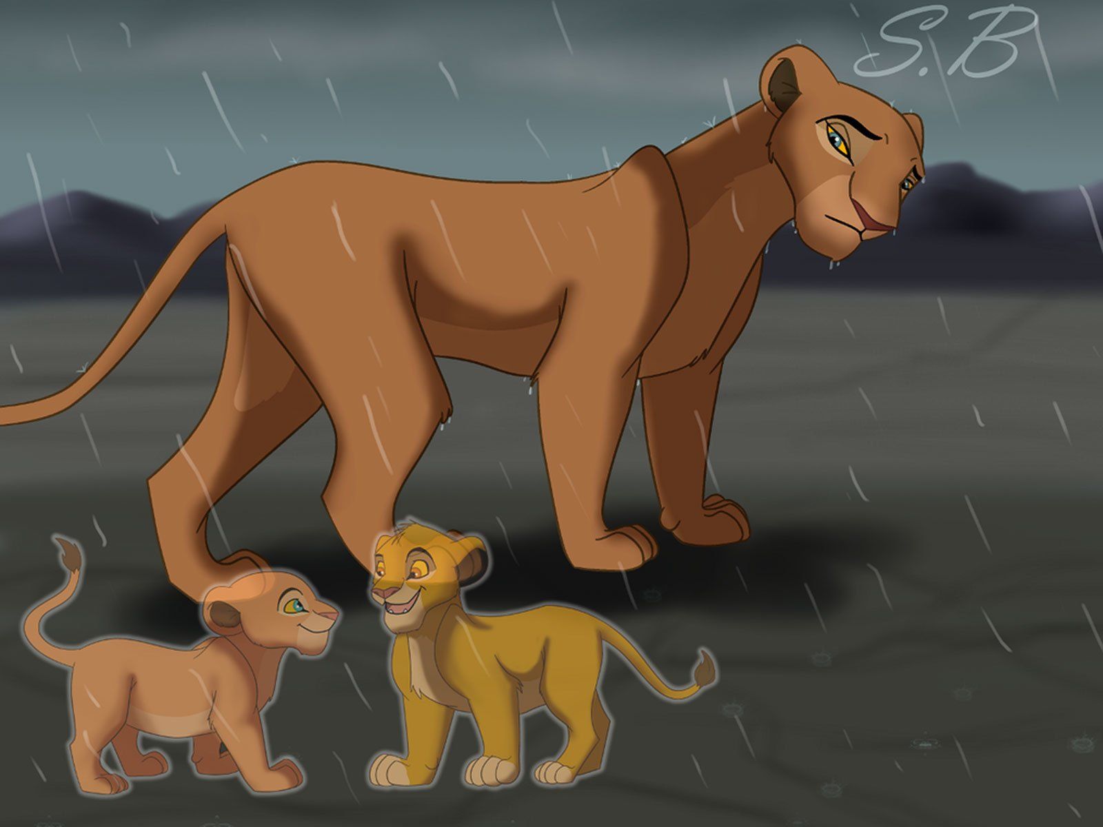 In the rain, Nala stands with her cubs. - The Lion King