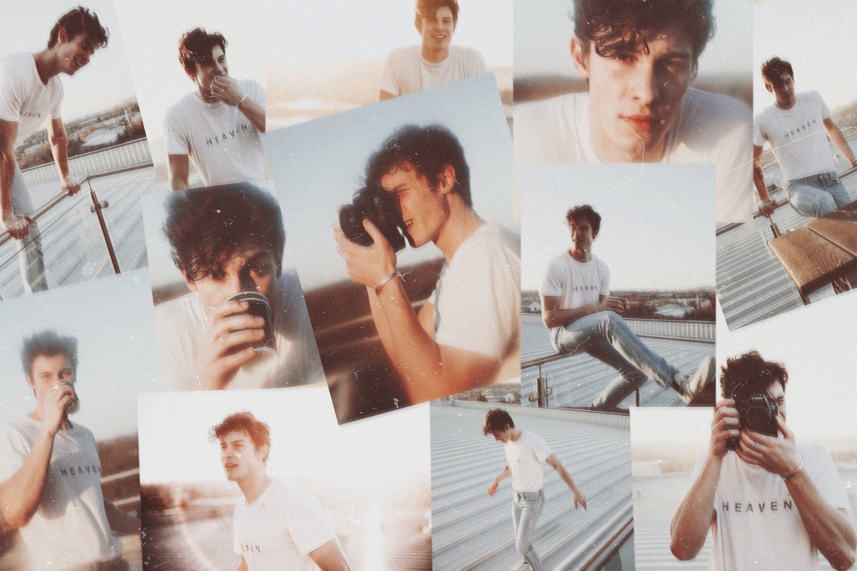 Collage of pictures of a man in a white t-shirt holding a camera and drinking coffee - Shawn Mendes