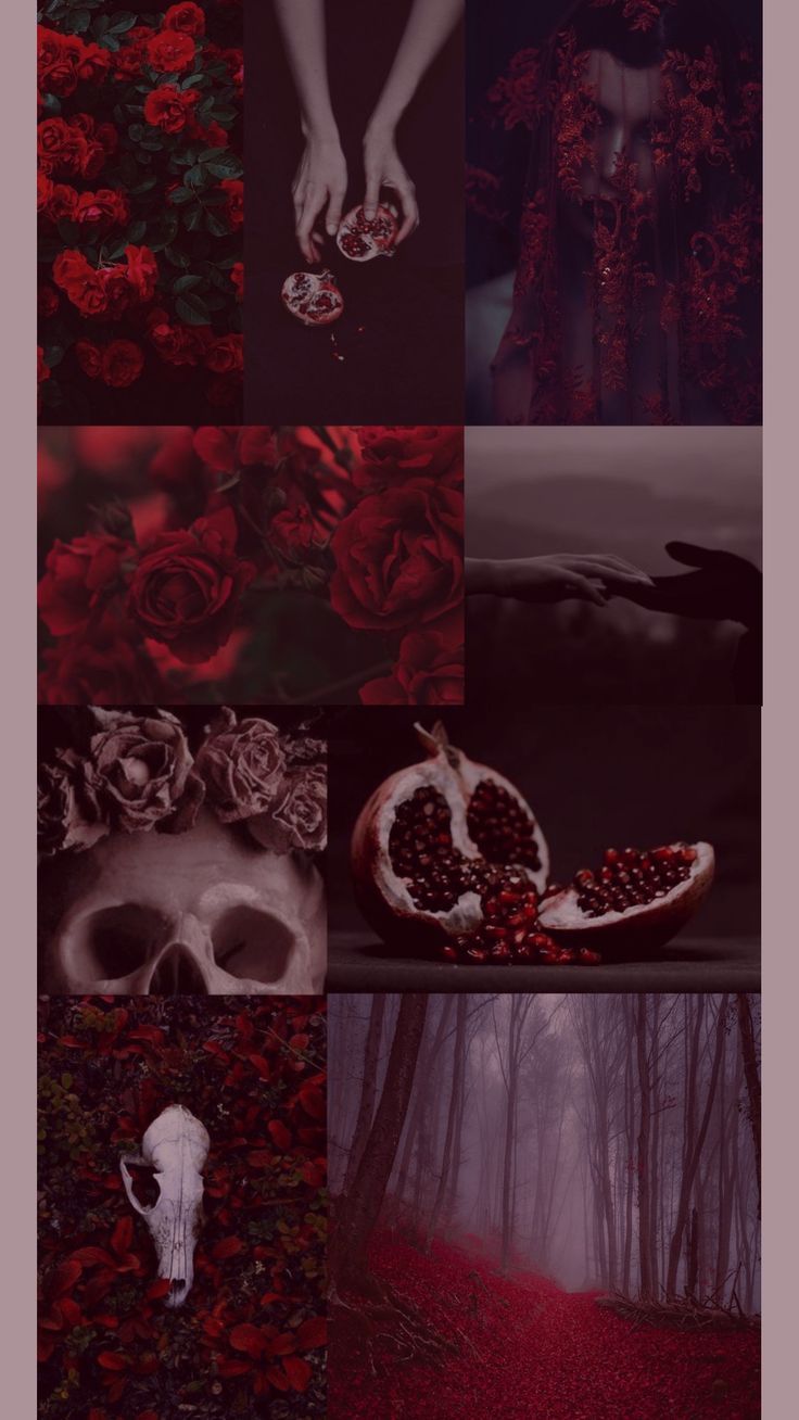 Red aesthetic background with roses, pomegranates, and a forest. - Greek mythology