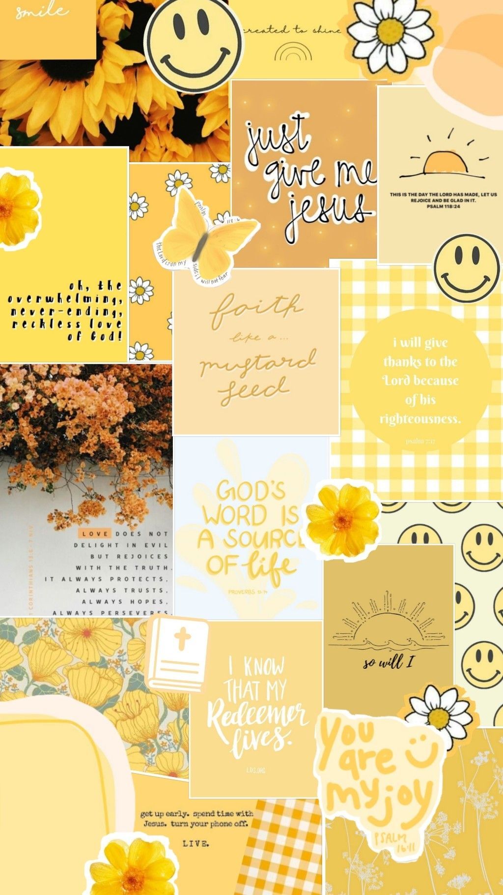 Aesthetic phone background collage of yellow and white with quotes and sunflowers - Christian iPhone
