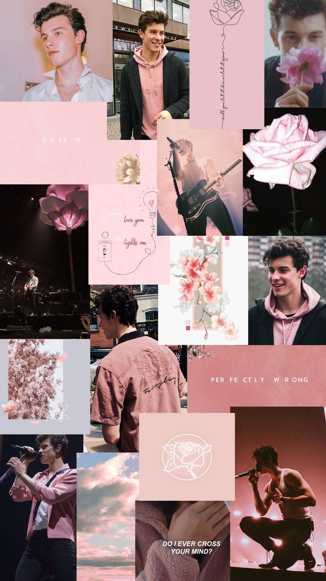 A collage of pictures with pink backgrounds - Shawn Mendes