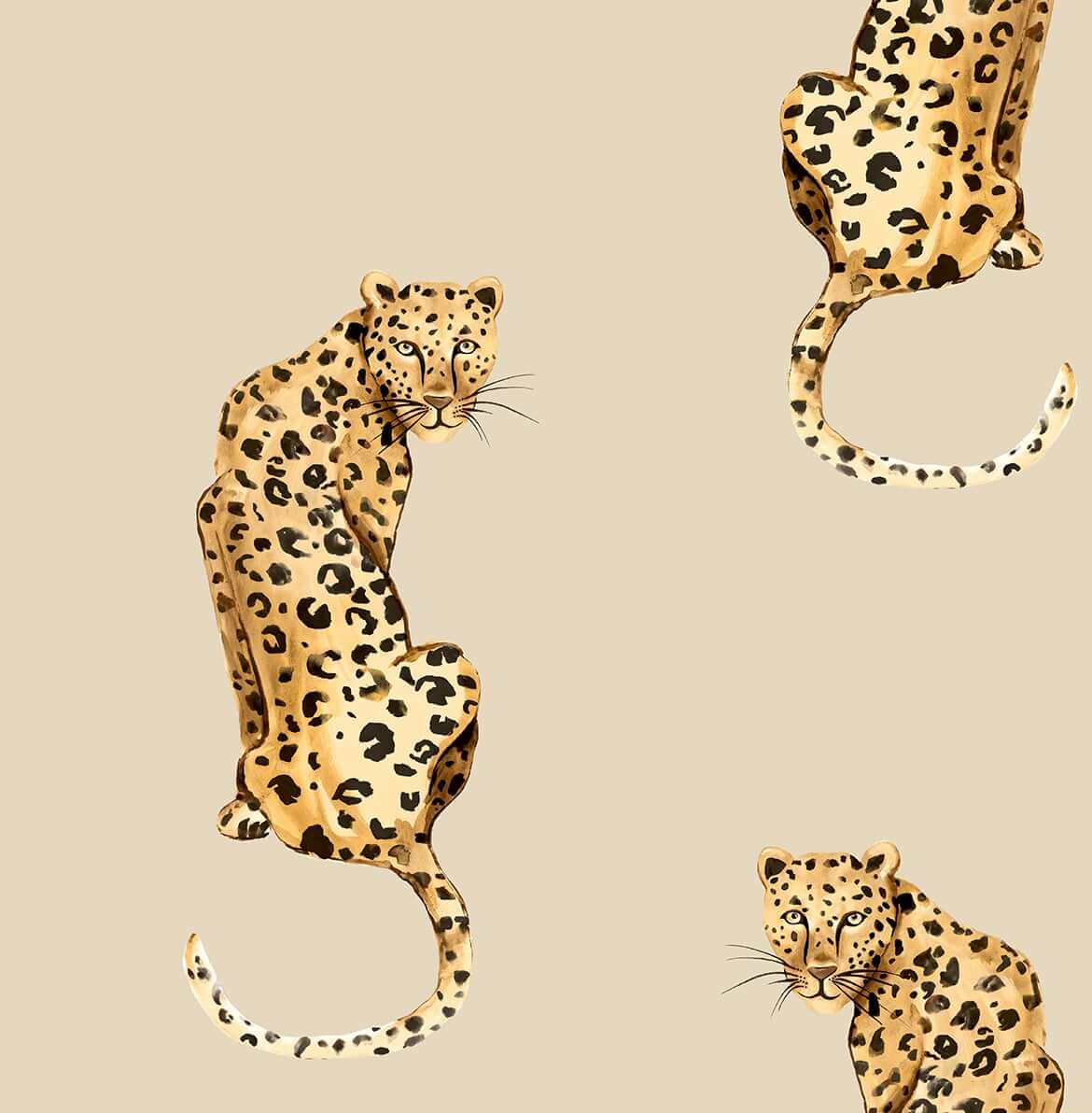 Three leopards in a repeated pattern on a beige background - Leopard