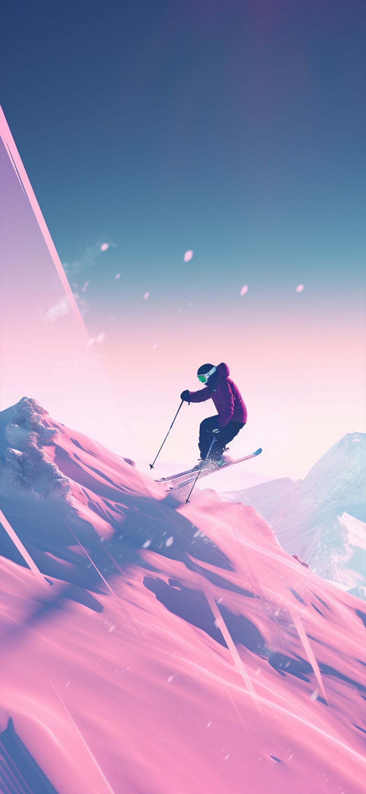 A skier flying down a mountain with pink light rays - Ski