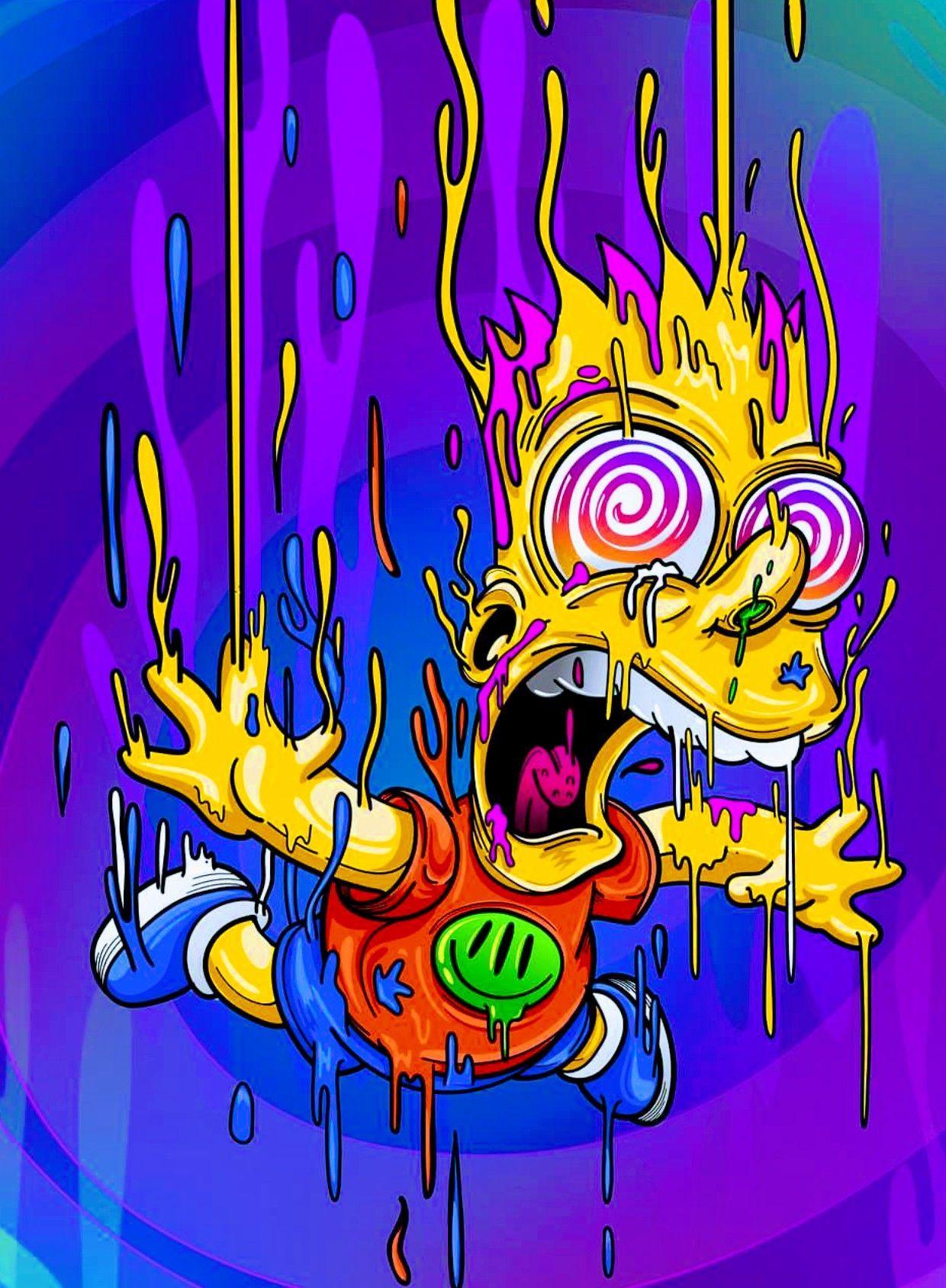 A melting yellow creature with a rainbow eye and pink lips, screaming and melting on a purple background. - Bart Simpson