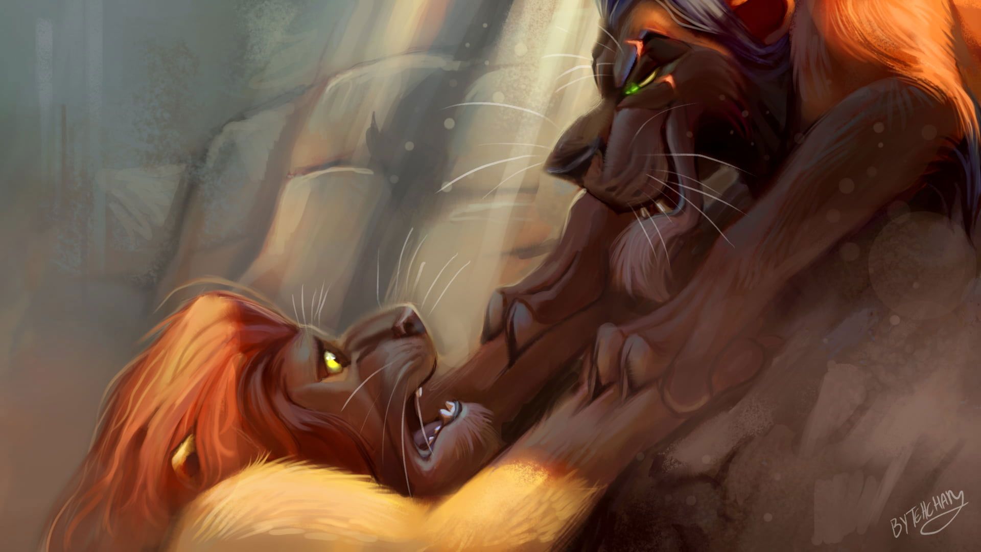 A lion and tiger fighting in the woods - The Lion King