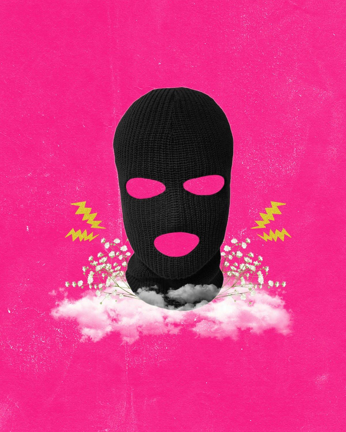 A balaclava mask with pink lips and eyes sits on a cloud of white flowers on a pink background. - Ski