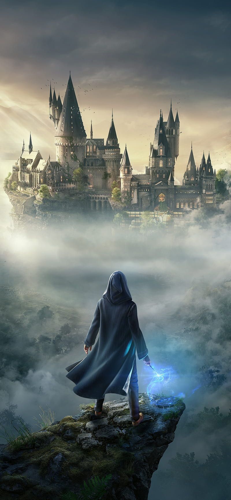 Harry Potter standing on a cliff with Hogwarts in the background - Hogwarts