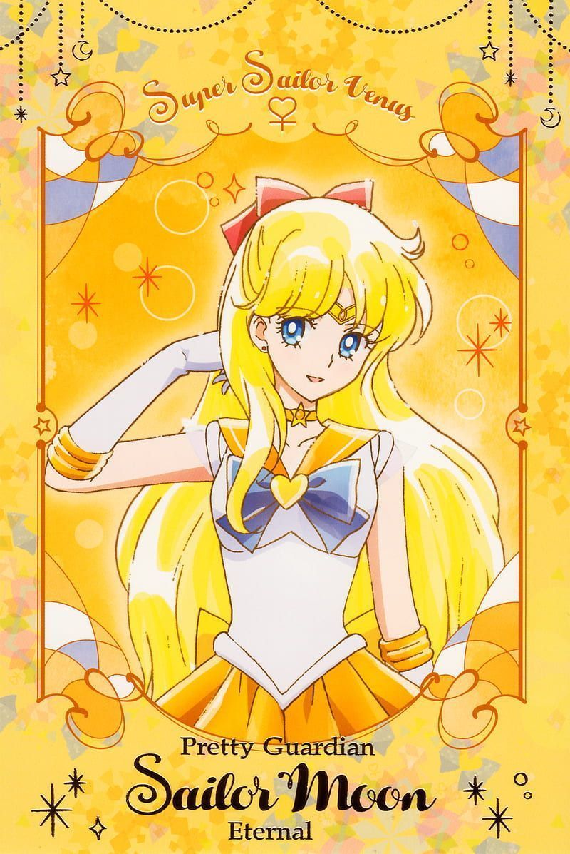 A character setting of Super Sailor Venus, a young woman with long blonde hair and blue eyes. She is wearing a yellow and white dress with a blue bow at the neck. - Sailor Venus, Venus