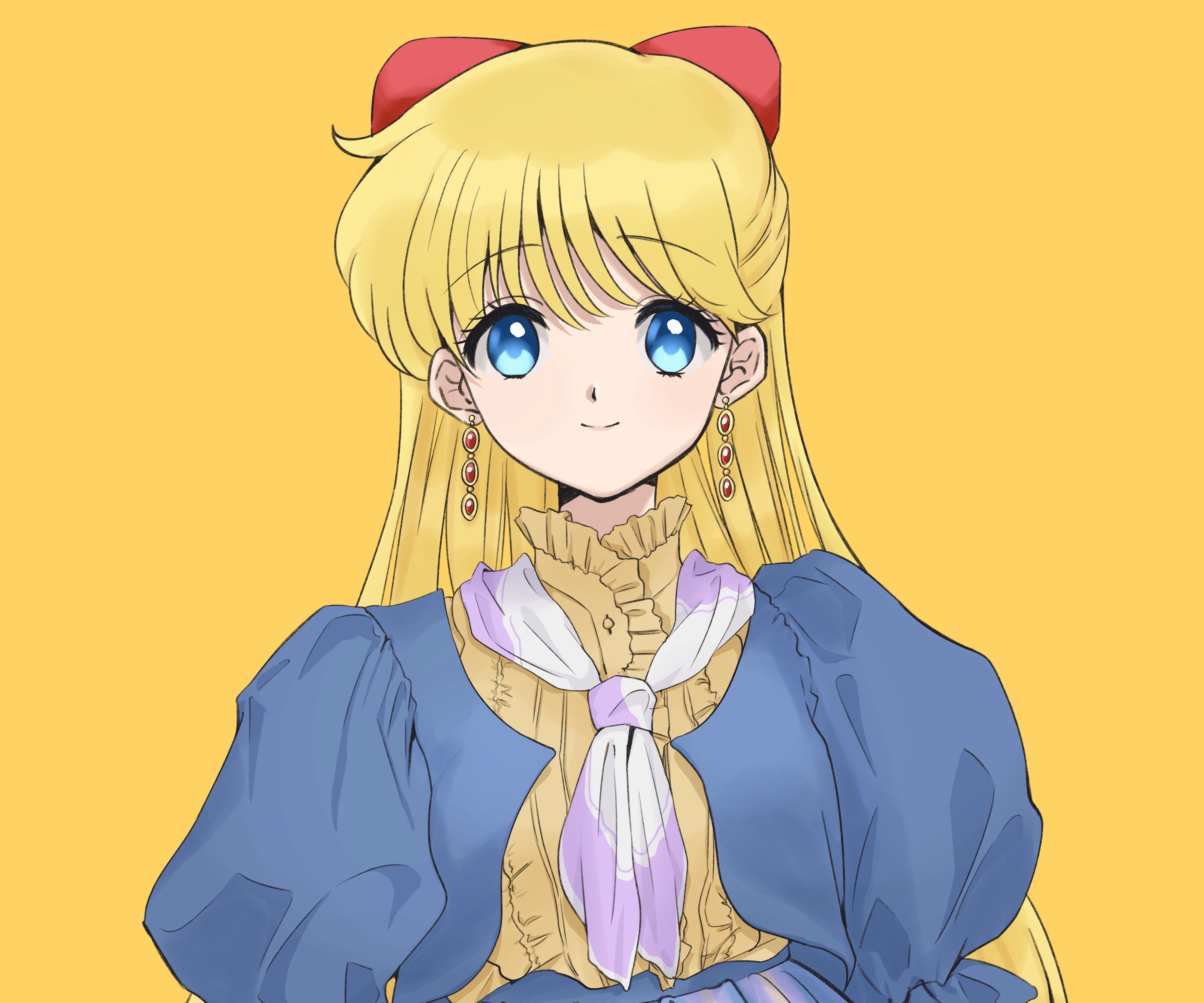 An anime girl with blonde hair and blue eyes wearing a blue dress with a white and purple bow on the front. - Sailor Venus