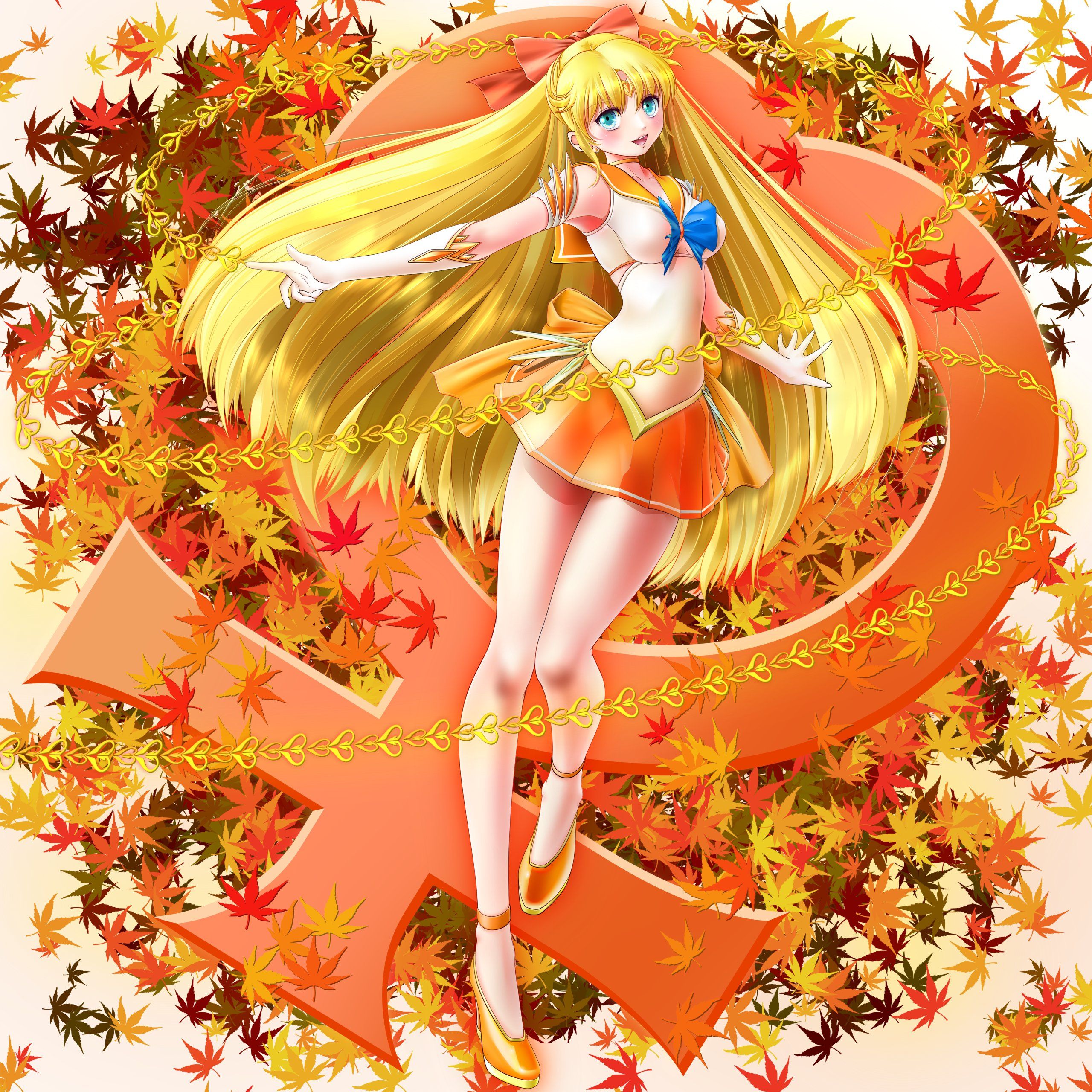 A blonde girl with long hair and blue eyes, wearing a short orange and white suit with a blue bow. She is surrounded by orange and red maple leaves. - Sailor Venus