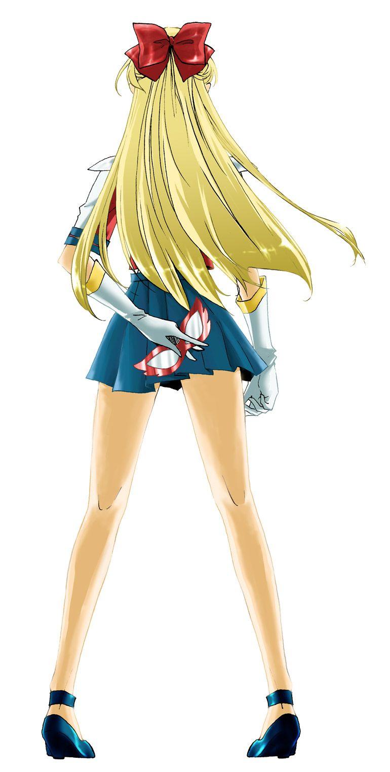 The back of a woman with long blonde hair, wearing a blue miniskirt with a red bow, a white top, and blue shoes. She is holding a sword in each hand. - Sailor Venus