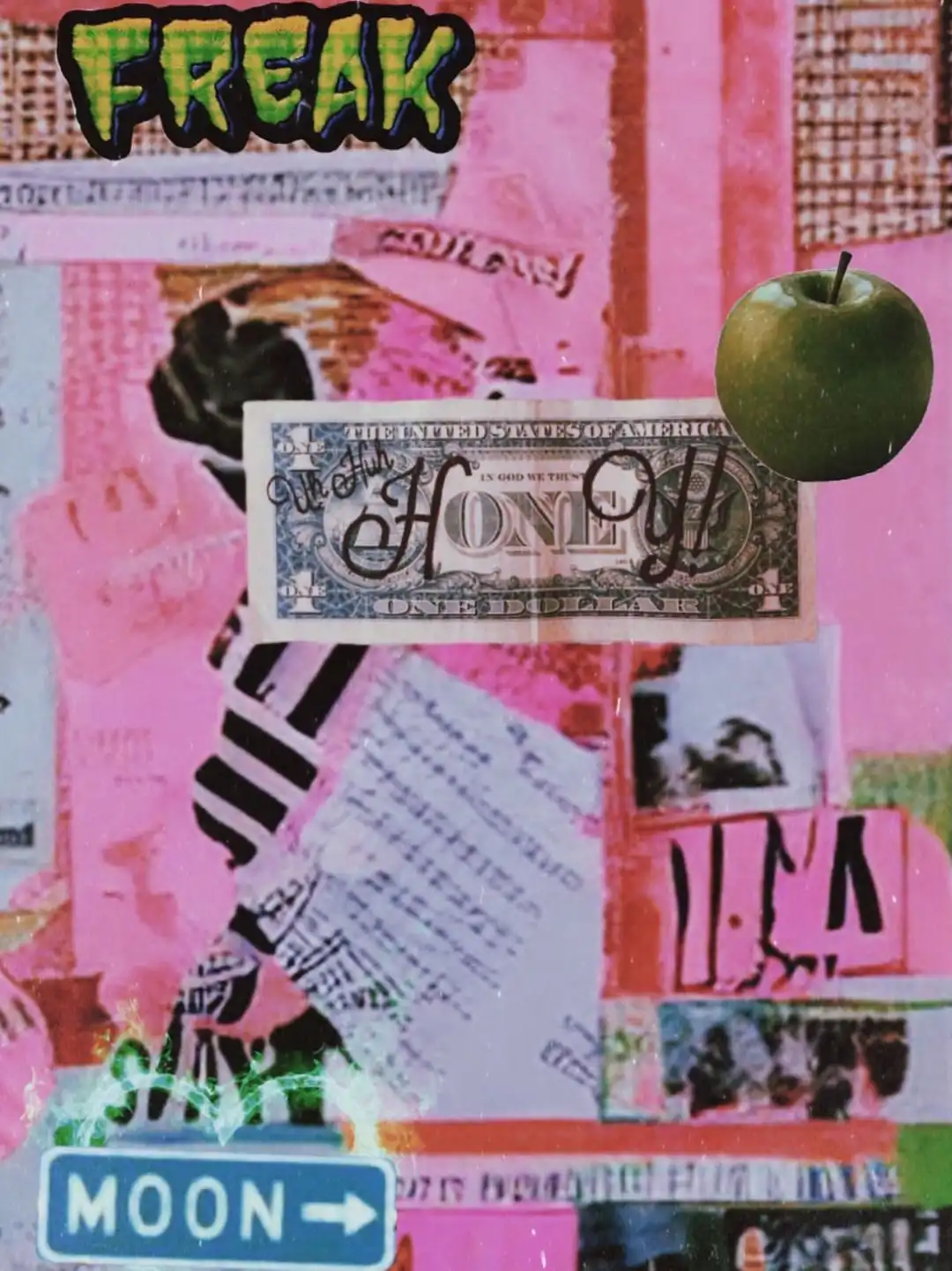 A collage of images including a dollar bill, an apple, and a sign that says 