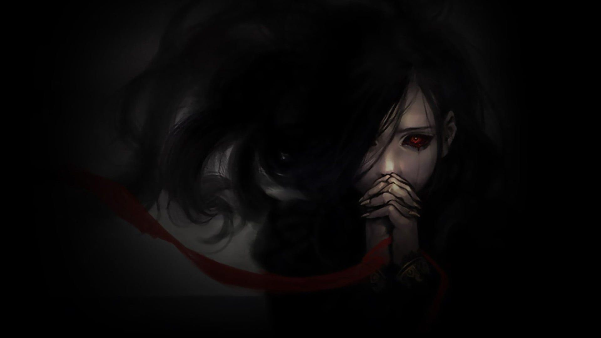 Download 1920x1080 anime girl, dark, black hair, red eyes, red ribbon ... - Dark anime