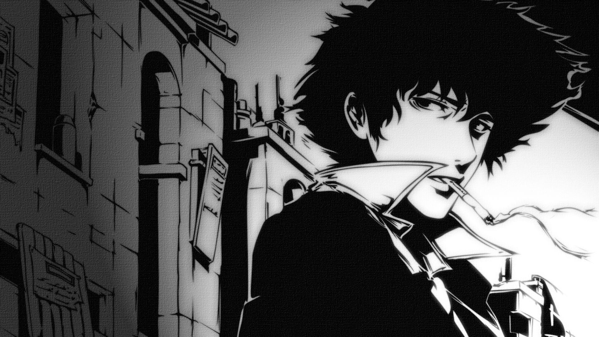 A black and white image of a dark haired man with a cigarette in his mouth. - Dark anime