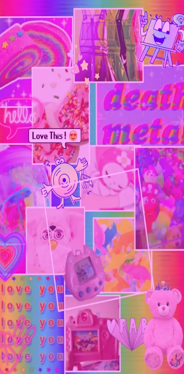 Aesthetic background with a pink bear, rainbow, and the words 