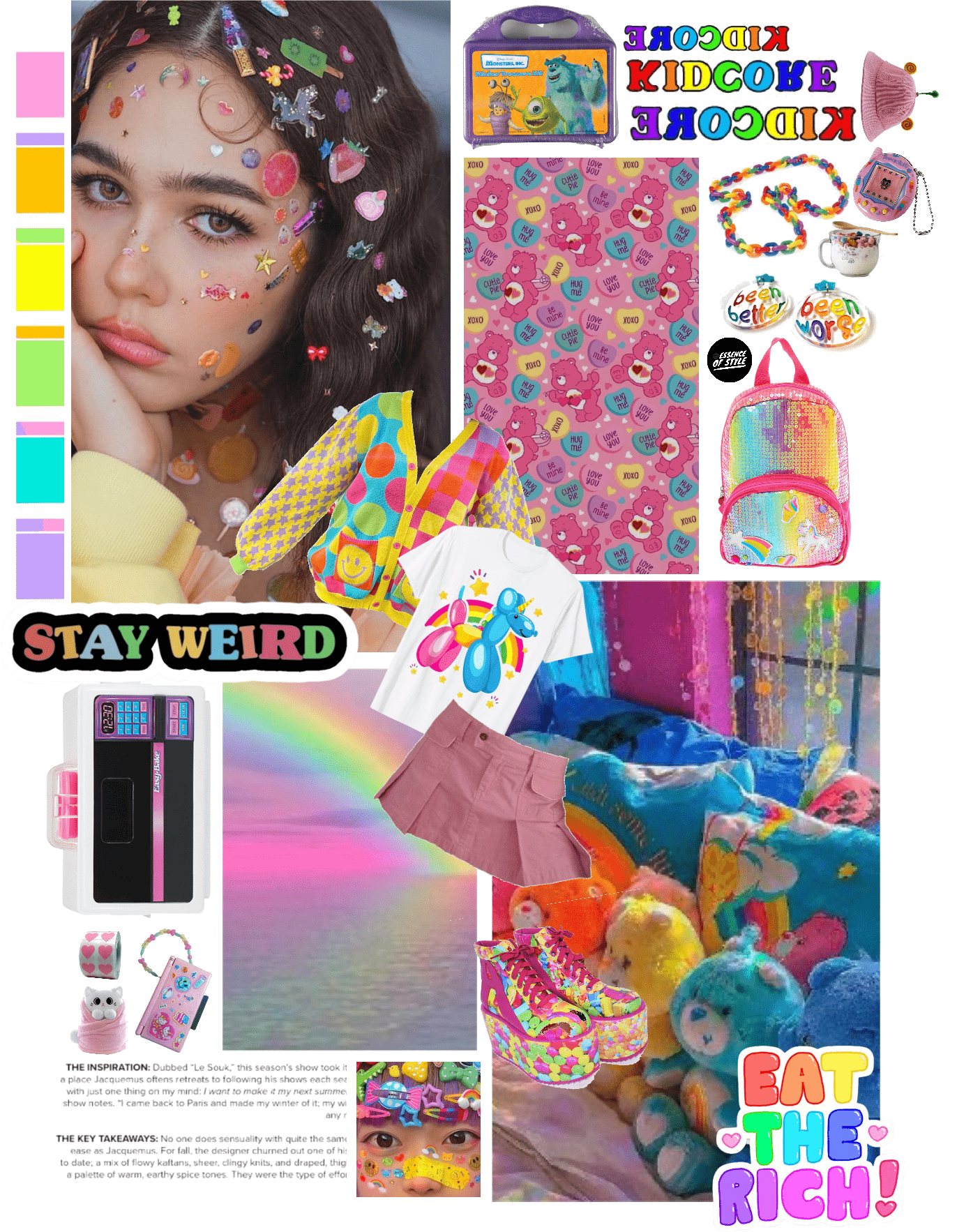 A collage of images including a girl with stickers on her face, a backpack, and stationary. - Kidcore