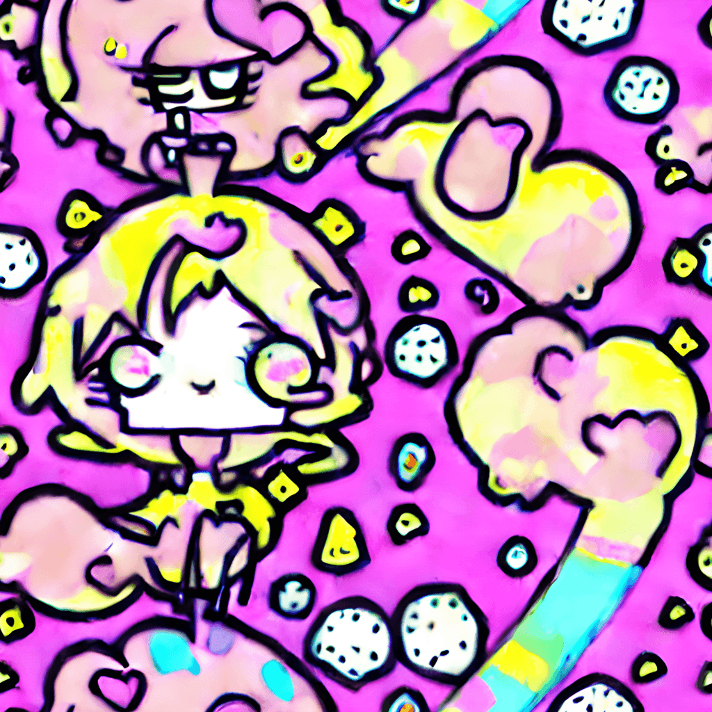 A digital artwork of a pink girl character surrounded by yellow hearts and speech bubbles. - Kidcore, weirdcore