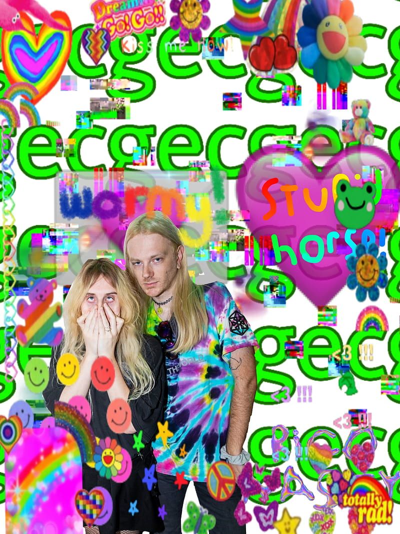 A photo of lil peep and his girlfriend with a lot of rainbow graphics - Kidcore