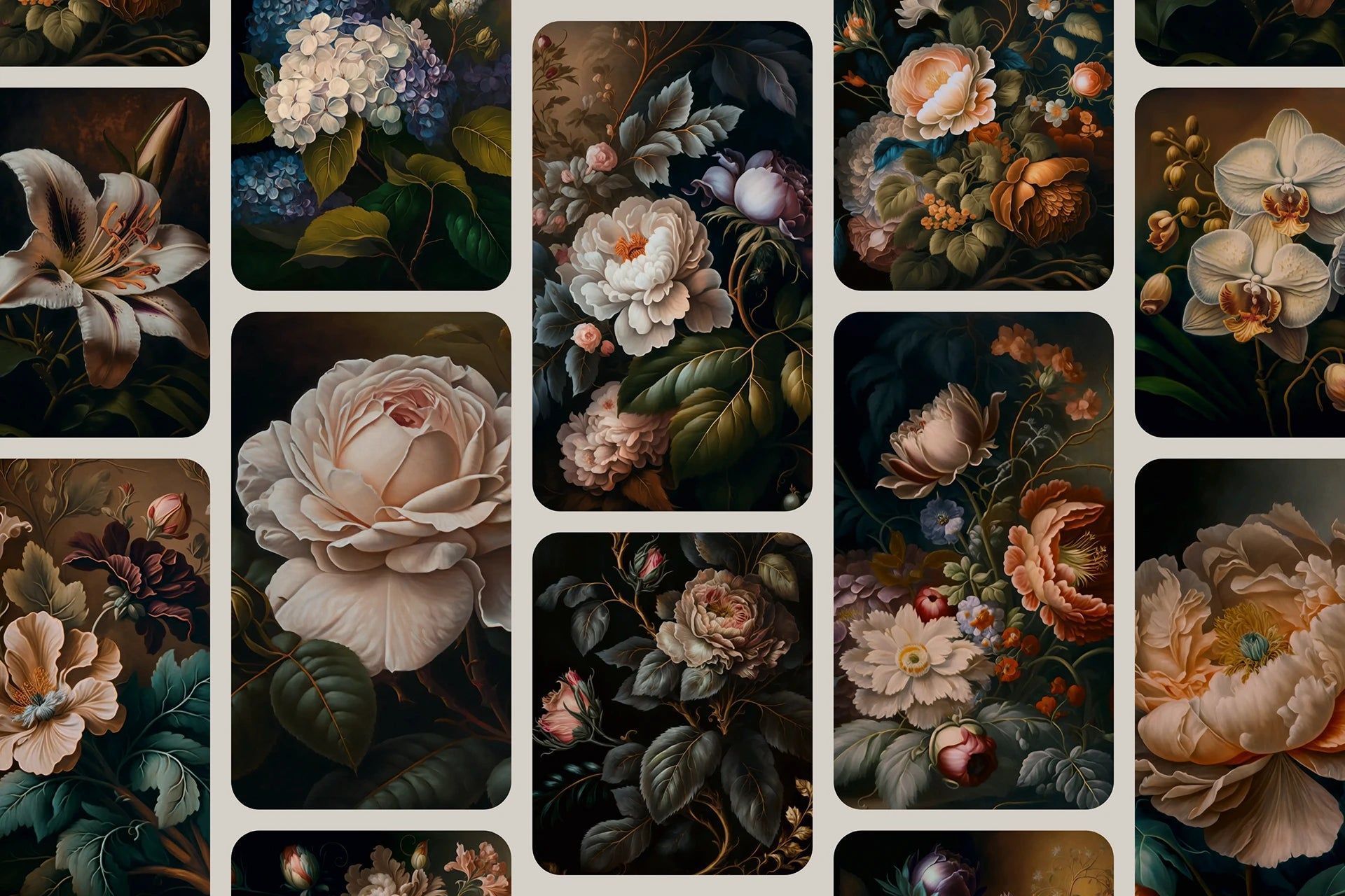 A collage of floral images from the collection - Dark academia